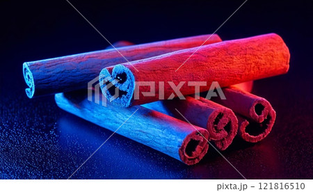 Vibrant cinnamon sticks illuminated with neon lights create a striking visual display 121816510