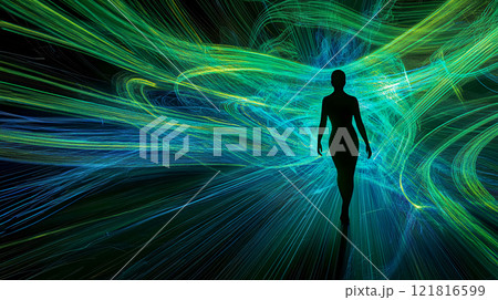 抽象的な青い光線と女性のシルエット 抽象的な青い光線と女性のシルエット 121816599