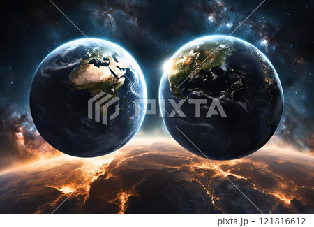 宇宙空間に向かい合って浮かんでいる二つの地球のイラスト 121816612