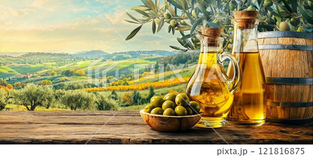 Bottle of olive oil, bowl of freshly harvested olives, old barrel on wooden table, Italian landscape with olive trees, empty copy space for your ad text 121816875