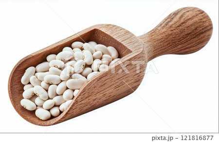 White beans in wooden scoop isolated on white background with clipping path 121816877