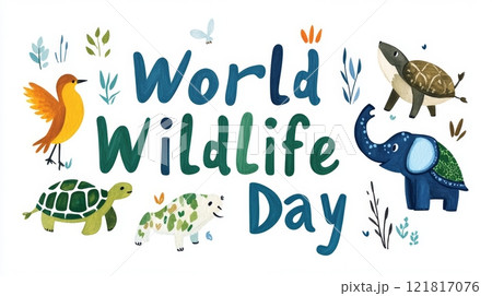 World Wildlife Day promotes conservation with a vibrant design showcasing animals in the letters to raise awareness 121817076