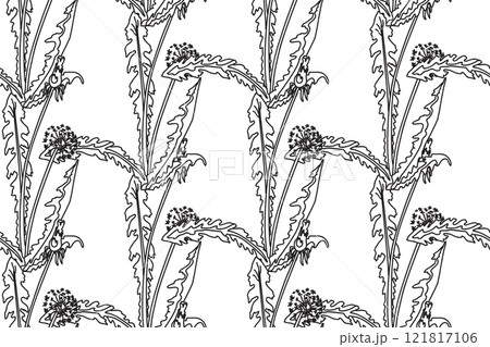 Black and white botanical abstract seamless pattern with dandelion flowers vector illustration. Repeating line art floral print. Graphic design for Wedding invitation Cover Wrapping pack Greeting card Black and white botanical abstract seamless pattern with dandelion flowers vector illustration. Repeating line art floral print. Graphic design for Wedding invitation Cover Wrapping pack Greeting card 121817106