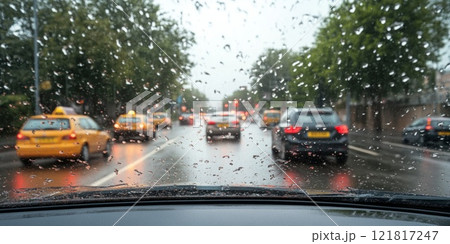 View from the window of the car onto the road, city rain 121817247