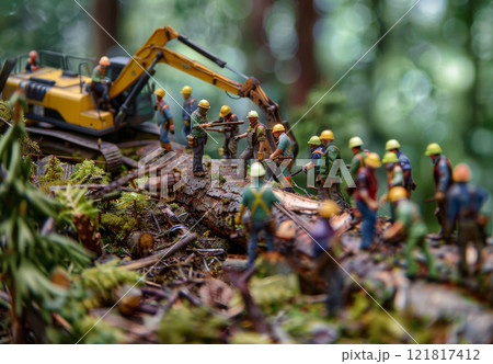 Miniature lumberjack chop forest. Lumber and...のイラスト素材 [121817412] - PIXTA