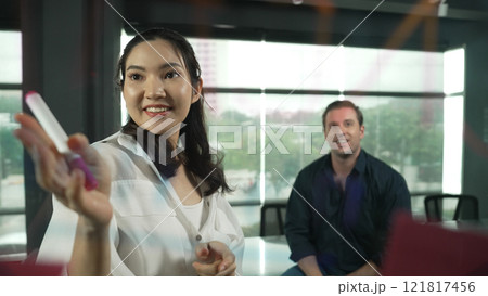 Young confident businesswoman present project to expert investor. Manipulator. Young confident businesswoman present project to expert investor. Manipulator. 121817456