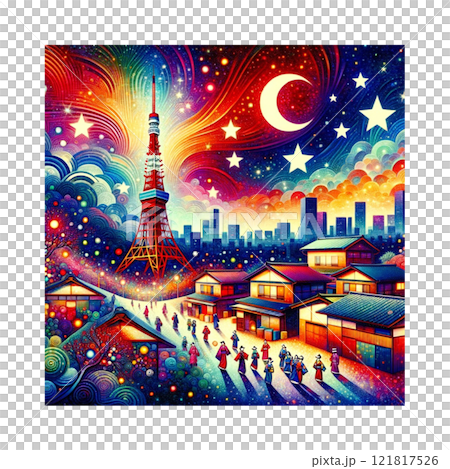 幻想的な夜空と、東京タワーを背に行き交うまつりのあと 彩り和キッチュ Generative AI 幻想的な夜空と、東京タワーを背に行き交うまつりのあと 彩り和キッチュ Generative AI 121817526