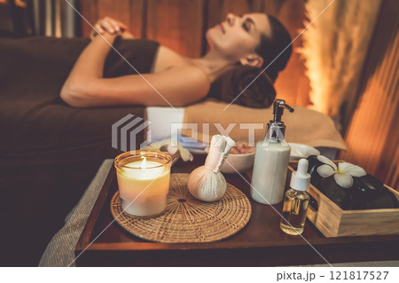 Aromatherapy massage ambiance or spa salon composition setup. Quiescent Aromatherapy massage ambiance or spa salon composition setup. Quiescent 121817527