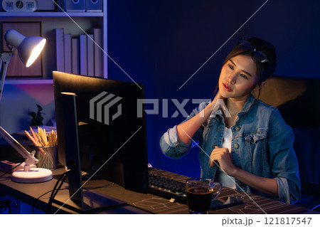 Asian businesswoman taking break with stretching body with ache. Stratagem. Asian businesswoman taking break with stretching body with ache. Stratagem. 121817547