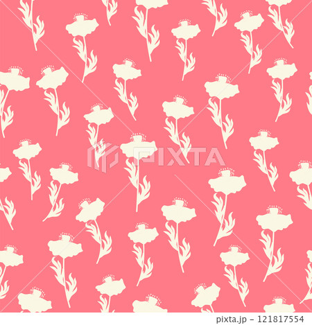 bicolor contour silhouette seamless pattern with poppy flowers and leaves. Abstract floral spring, summer pattern 121817554