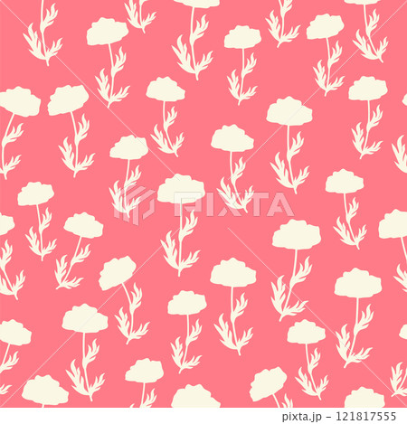 bicolor contour silhouette seamless pattern with poppy flowers and leaves. Abstract floral spring, summer pattern 121817555