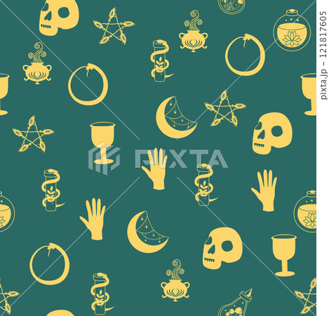 Silhouettes Magic symbols seamless pattern, with magical elements such as snake, eye, tarot cards, hand, skull. Witchcraft theme symbols and elements 121817605