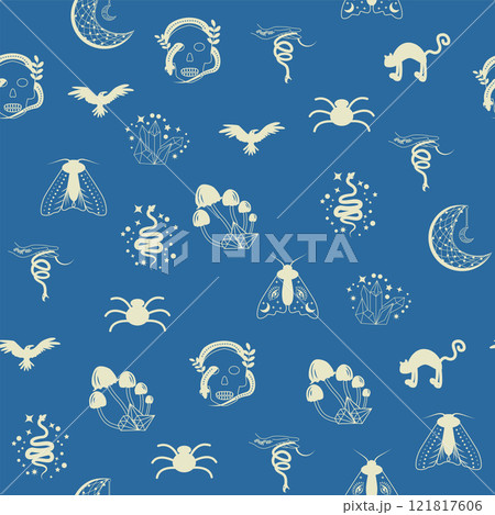 Silhouettes Magic symbols seamless pattern, with magical elements such as snake, eye, tarot cards, hand, skull. Witchcraft theme symbols and elements 121817606
