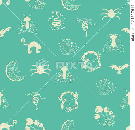 Silhouettes Magic symbols seamless pattern, with magical elements such as snake, eye, tarot cards, hand, skull. Witchcraft theme symbols and elements 121817611