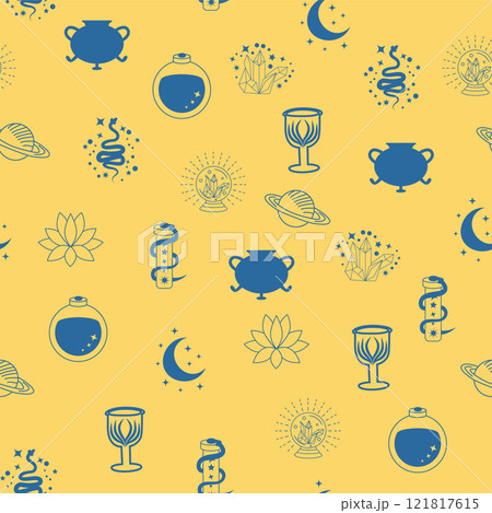 Silhouettes Magic symbols seamless pattern, with magical elements such as snake, eye, tarot cards, hand, skull. Witchcraft theme symbols and elements Silhouettes Magic symbols seamless pattern, with magical elements such as snake, eye, tarot cards, hand, skull. Witchcraft theme symbols and elements 121817615