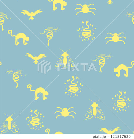 Silhouettes Magic symbols seamless pattern, with magical elements such as snake, eye, tarot cards, hand, skull. Witchcraft theme symbols and elements Silhouettes Magic symbols seamless pattern, with magical elements such as snake, eye, tarot cards, hand, skull. Witchcraft theme symbols and elements 121817620