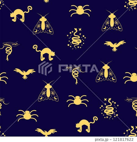 Silhouettes Magic symbols seamless pattern, with magical elements such as snake, eye, tarot cards, hand, skull. Witchcraft theme symbols and elements 121817622