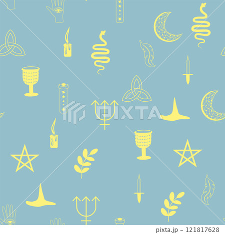 Silhouettes Magic symbols seamless pattern, with magical elements such as snake, eye, tarot cards, hand, skull. Witchcraft theme symbols and elements 121817628