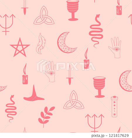 Silhouettes Magic symbols seamless pattern, with magical elements such as snake, eye, tarot cards, hand, skull. Witchcraft theme symbols and elements Silhouettes Magic symbols seamless pattern, with magical elements such as snake, eye, tarot cards, hand, skull. Witchcraft theme symbols and elements 121817629