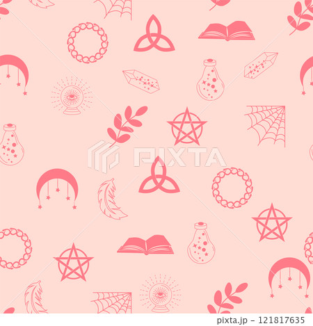 Silhouettes Magic symbols seamless pattern, with magical elements such as snake, eye, tarot cards, hand, skull. Witchcraft theme symbols and elements 121817635