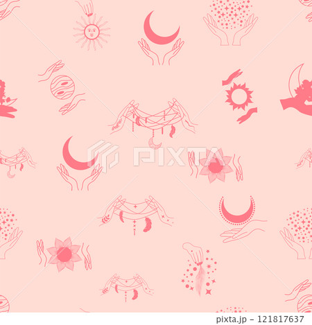 Silhouettes Magic symbols seamless pattern, with magical elements such as snake, eye, tarot cards, hand, skull. Witchcraft theme symbols and elements 121817637