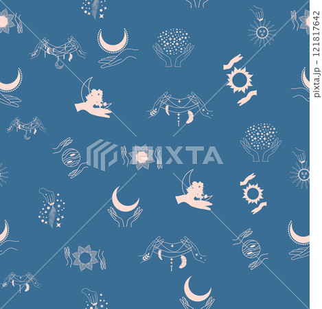Silhouettes Magic symbols seamless pattern, with magical elements such as snake, eye, tarot cards, hand, skull. Witchcraft theme symbols and elements Silhouettes Magic symbols seamless pattern, with magical elements such as snake, eye, tarot cards, hand, skull. Witchcraft theme symbols and elements 121817642