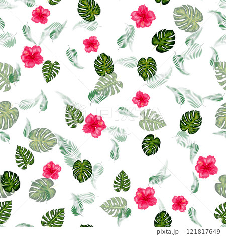 Hand drawn pink hibiscus flower tropical flowers and leaves seamless pattern for summer holiday 121817649
