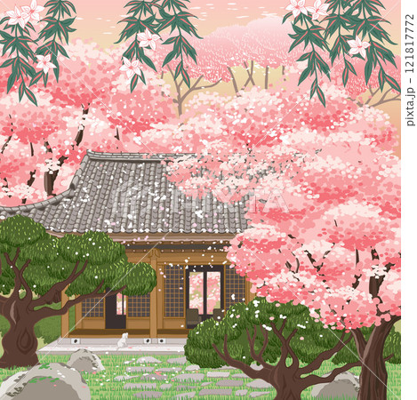 Traditional Korean Architecture - Hanok with Cherry Blossoms in a Serene Spring Garden, Poster-Style Vector Illustration 121817772