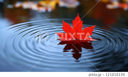 A lone red maple leaf on water creating a beautiful symmetrical ripple effect, perfect for nature, serenity, and reflection concepts Generative AI 121818130