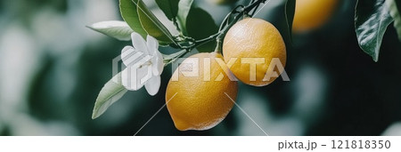Bunches of fresh yellow ripe lemons on lemon tree branches in garden 121818350