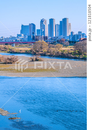 日本の東京都市景観1月9日…川崎・武蔵小杉駅前のタワーマンション群や多摩川、水鳥などを望む＝令和7年 121818504