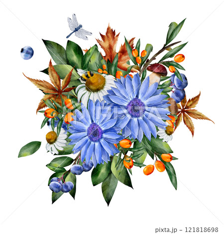 Chamomile and rudbeckia. Watercolor floral composition. Botanical illustration on white background with blueberry, sea buckthorn, dry leaves, bumblebee. For cards, textiles, design 121818698