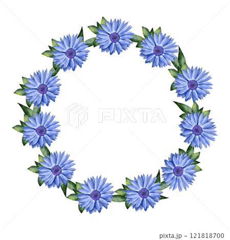 Rudbeckia, chrysanthemum and green leaves. Watercolor botanical illustration. Round frame for invitations, cards, prints. Flowers isolated on white background 121818700
