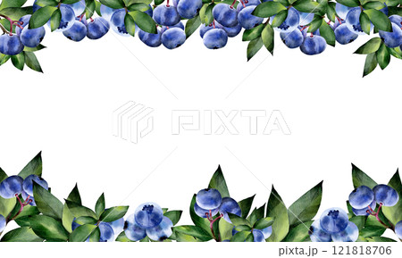 Blueberry. Fruits with leaves. Hand drawn watercolor illustration. Botanical drawing of blueberry. Isolated on a white background. Rectangular frame. Template for design, print, textile 121818706