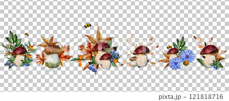 A set of compositions with mushrooms and flowers. Rudbeckia, chrysanthemum, chamomile, bumblebee, dry and green twigs with leaves, boletus. Hand painted in watercolor. Isolated on a white background. 121818716