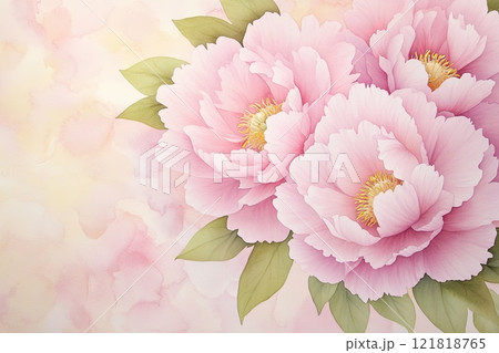 Soft blush peonies watercolor arrangement with leafy accents in pastel tones for a serene decor touch 121818765