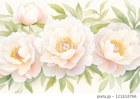 Delicate watercolor illustration of blush peonies with soft pastel colors and fresh green leaves on a white background 121818766