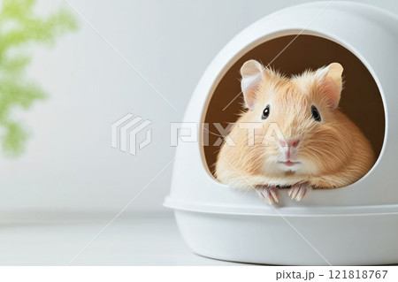 Fluffy guinea pig peeks out from cozy litter box in soft studio light on clean white background 121818767