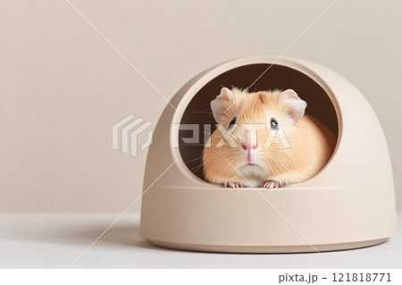 Fluffy guinea pig curiously peeking out from a cozy litter box in soft studio lighting 121818771