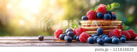 A stack of pancakes topped with butter berries syrup, served with a cup of coffee 121818820