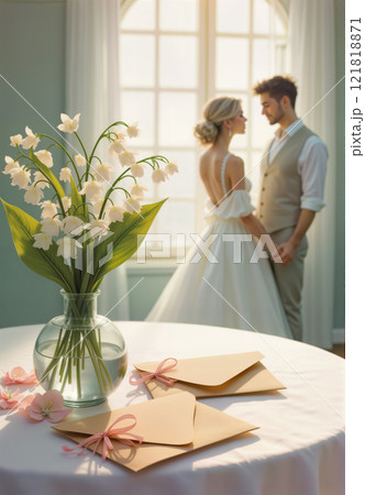 Elegant wedding scene with bride and groom, lily-of-the-valley bouquet, and invitations 121818871