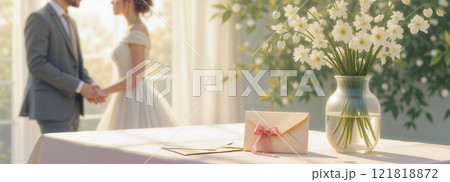 Elegant wedding scene with bride, groom, flowers, and invitation, perfect for banners or ads 121818872