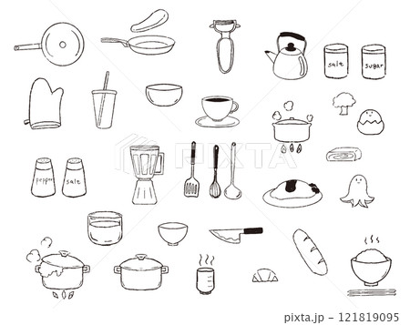 ペンで描いた風キッチンツールセット白黒 121819095