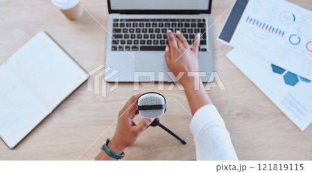 Podcast, journalist and radio host using microphone and laptop for broadcasting information for her podcast. Businesswoman, entrepreneur and blogger analyzing data and starting a live stream Podcast, journalist and radio host using microphone and laptop for broadcasting information for her podcast. Businesswoman, entrepreneur and blogger analyzing data and starting a live stream 121819115
