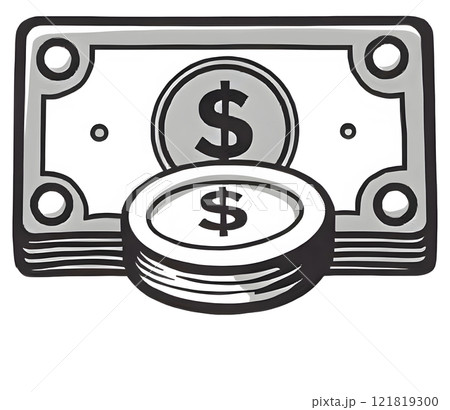 Monochrome Dollar Bill and Coin Icon in Cartoon Style 121819300