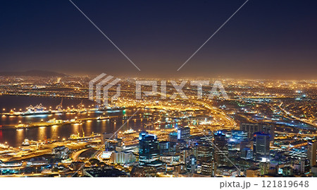 Landscape of night city lights in Cape Town, South Africa with copy space. Night cityscape of a modern vacation or holiday destination. A bright and vibrant urban skyline at sunset Landscape of night city lights in Cape Town, South Africa with copy space. Night cityscape of a modern vacation or holiday destination. A bright and vibrant urban skyline at sunset 121819648