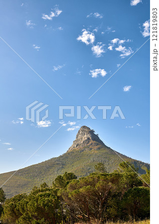The majestic, wonderful and beautiful Lions Head mountain from below. Blue sky copy space over mountainous landscape terrain in Cape Town, South Africa. Lush green flora in a protected nature reserve 121819803