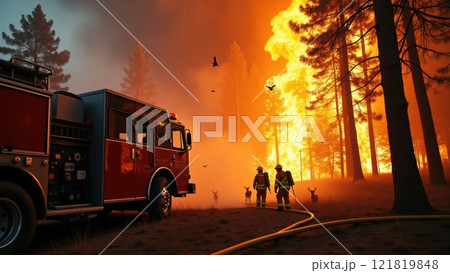 Vibrant Red Firetruck Amidst Fiery Forest Scene 121819848