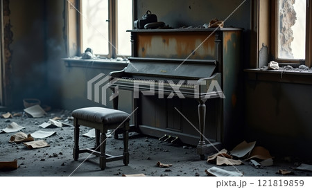 Hauntingly Beautiful Charred Piano in Abandoned Room 121819859