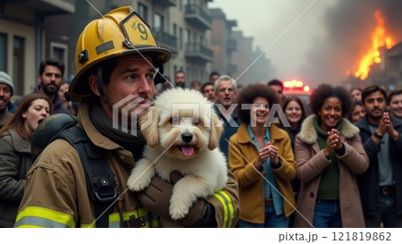 Brave Firefighter Rescues Adorable Puppy from Flames 121819862